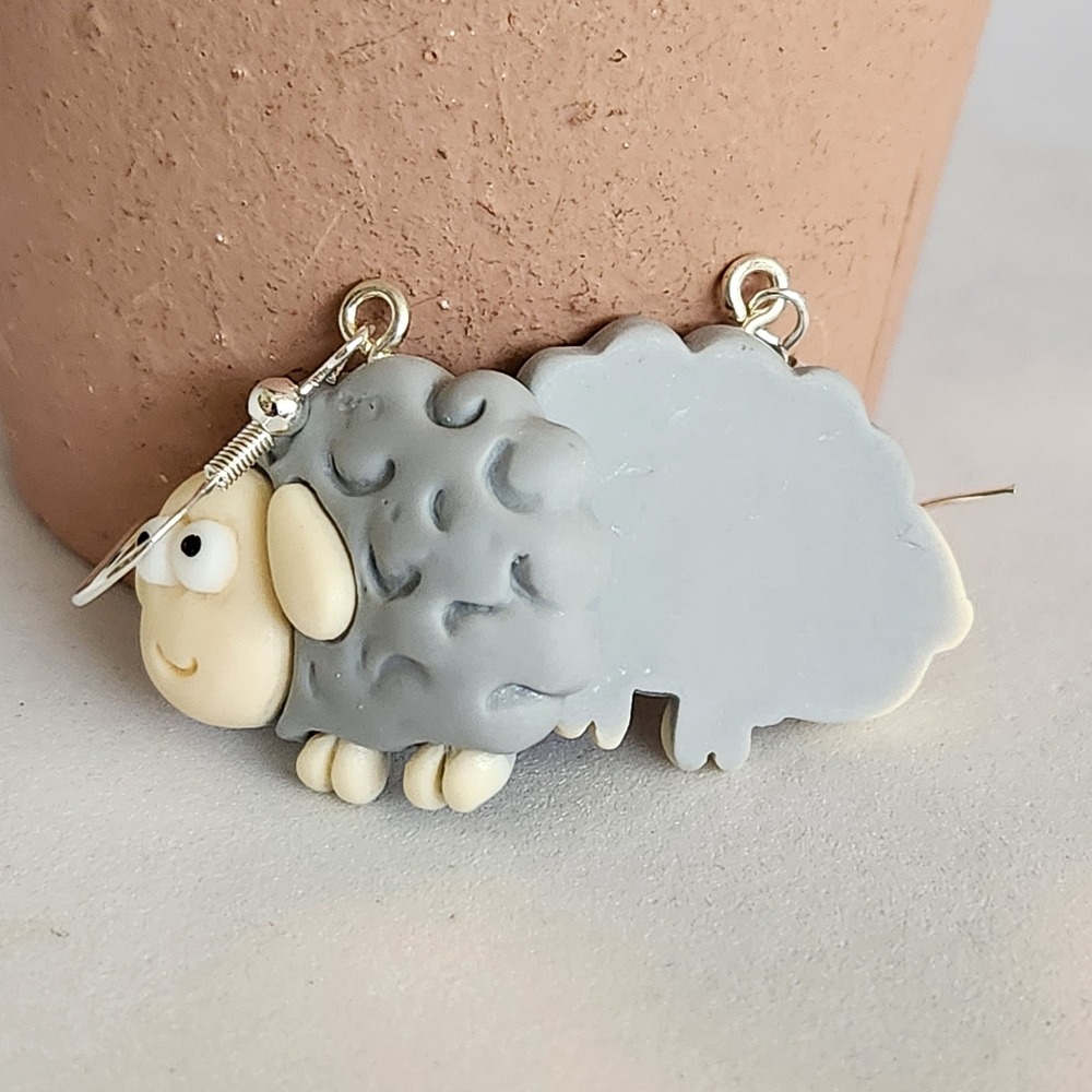 Handmade Polymer Clay Grey Sheep Drop Earrings Whimsical Animal Jewelry - Picture 4 of 4